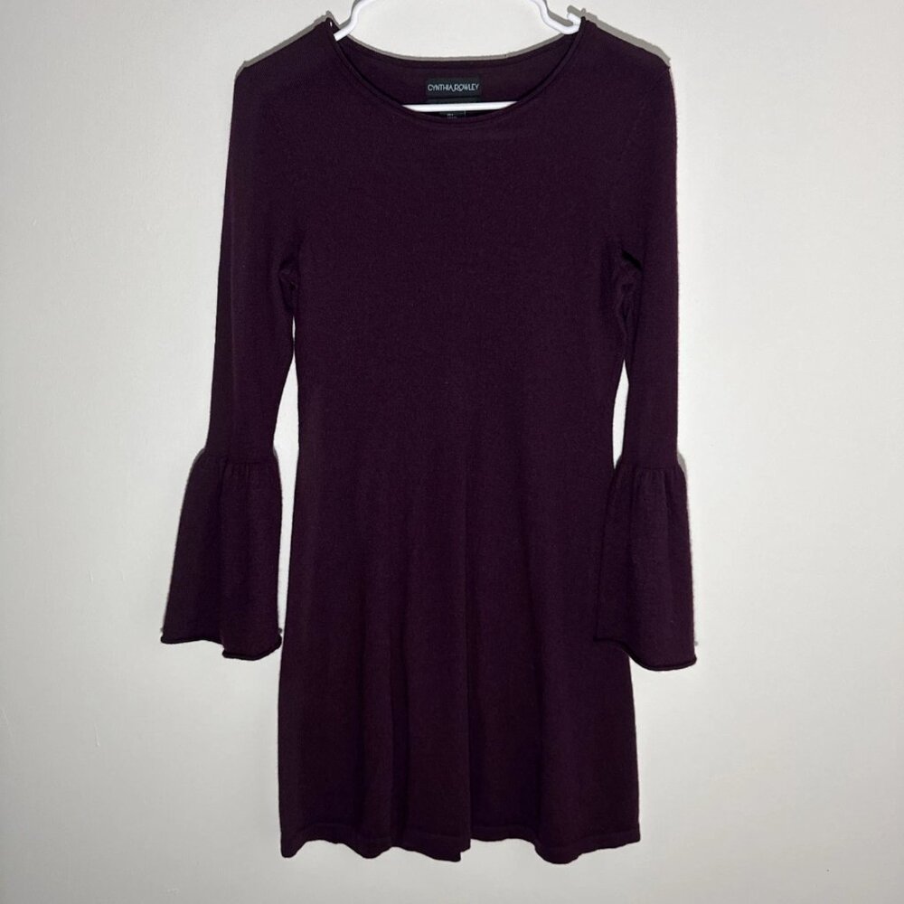 Cynthia Rowley 100% Merino Wool Sweater Dress Plum Maroon Bell Sleeves L